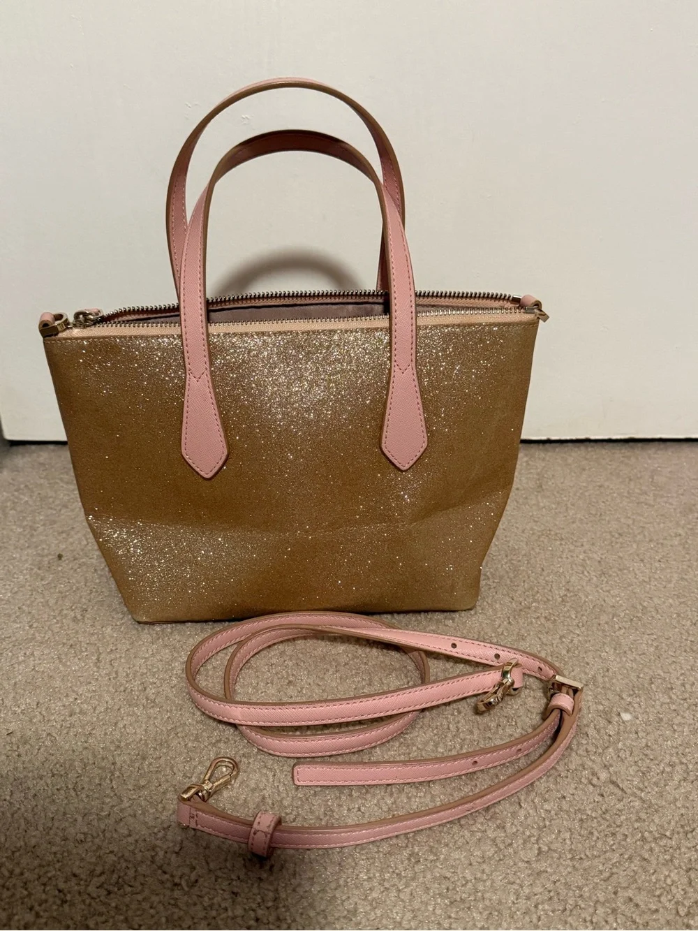 kate spade Gold Glitter Crossbody Tote with Pink Trim